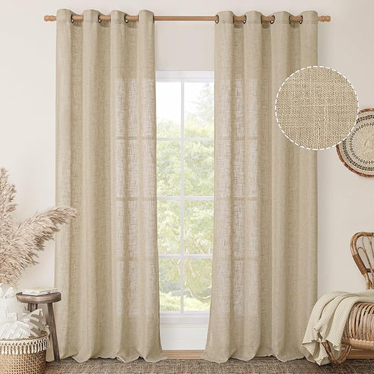 LAMIT Brown Linen Curtains 90 inch for Bedroom, Soft Thick Light Filtering Boho Window Textured Burlap Drapes with Bronze Grommet for Living Room Farmhouse, 2 Panels Set, 52 x 90 Inch