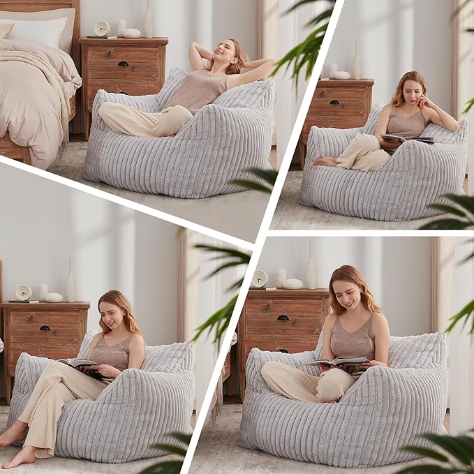 Giant Bean Bag Chairs for Adults Teens, Large Bean Bag Sofa Chairs with Filling Comfy Fuzzy BeanBag Chair with Armrests for Bedroom Living Room Reading (Light Gray, Large)