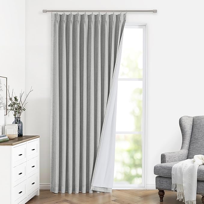 Vision Home Light Gray Pinch Pleated Full Blackout Curtains Linen Blended 60" Wide Thermal Insulated Window Panels 90 inch for Bedroom Living Room Darkening Pleat Drapes with Hooks Back Tab 60"Wx90Lx1