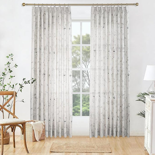 Pinch Pleated Floral Linen Curtains, 60 Inch Wide by 100 Inch Long Printed Curtains for Privacy Light Filtering, Suitable for Living Rooms and Sunrooms.2 Panels