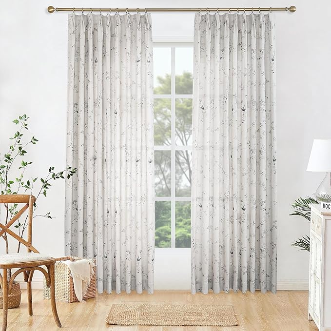 Pinch Pleated Floral Linen Curtains, 100 Inch Wide by 84 Inch Long Printed Curtains for Privacy Light Filtering, Suitable for Living Rooms and Sunrooms.2 Panels