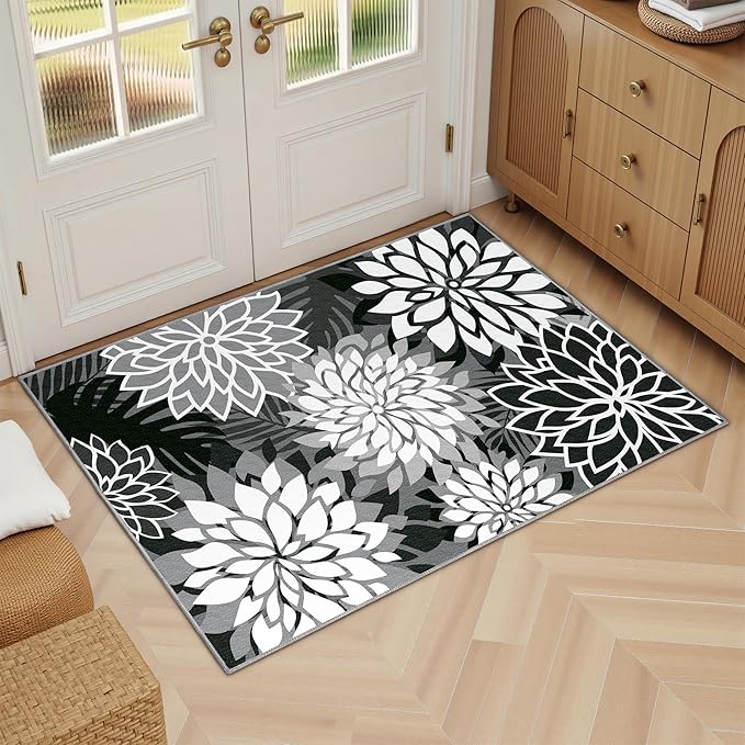 Area Rug 2x3 Black White Washable Entry Small Rug Multicolored Tropical Botanical Modern Floral Indoor Kitchen Door Mat Entrance Carpet Non Slip for Bedroom Living Room, Porch