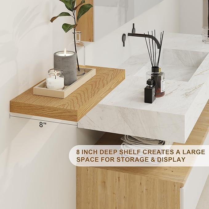 Fun Memories Floating Shelves for Wall, 8 Inch Deep Floating Wall Shelf, 16" x 8" Floating Shelves - Set of 2, Rustic Wooden Storage Shelves for Bathroom, Living Room, Kitchen