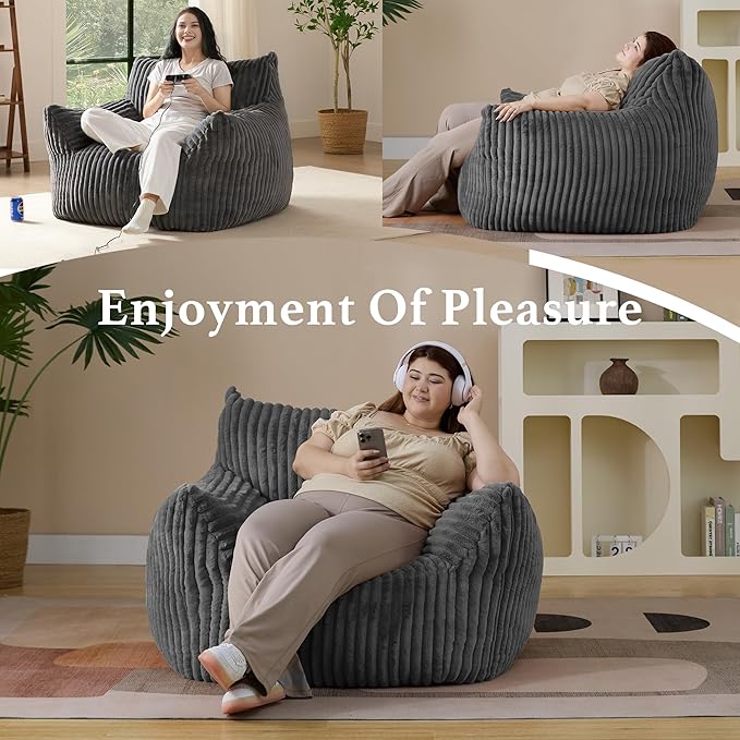Giant Plush Bean Bag Chair for Adults with Armrests - Oversized Comfy Grey Beanbag Lounge Lazy Floor Sofa Accent Chair for Living Room, Bedroom & Dorm, Cozy Fluffy Single Cloud Mini Couch