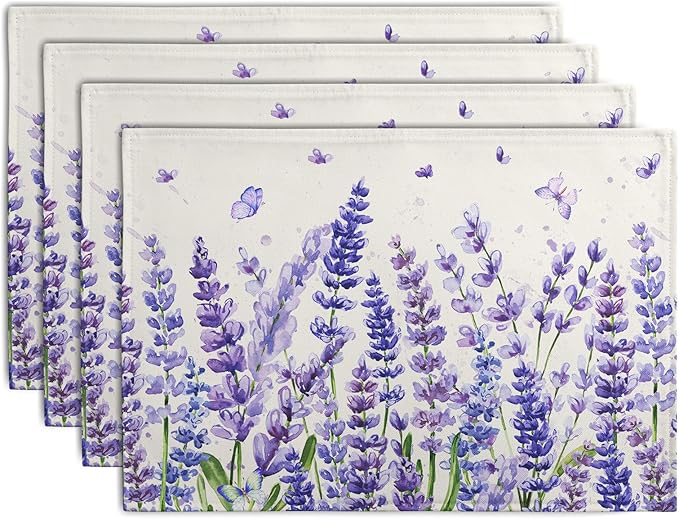 Lavender Placemats Set of 4 Purple Flower Butterfly Linen Fabric Table Mats Seasonal Spring Summer Rustic Floral Placemat Farmhouse Decorative Washable Place Mats for Home Kitchen Dining Table