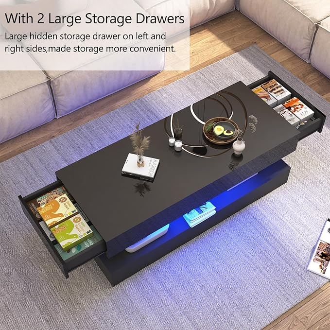 Uspeedy 47.3IN High Glossy LED Coffee Table,Modern Coffee Tables for Living Room,Living Rooms Tables,Large Living Room Furniture,APP LED Lights,Black/White Coffee Table for Livings Room (Black)