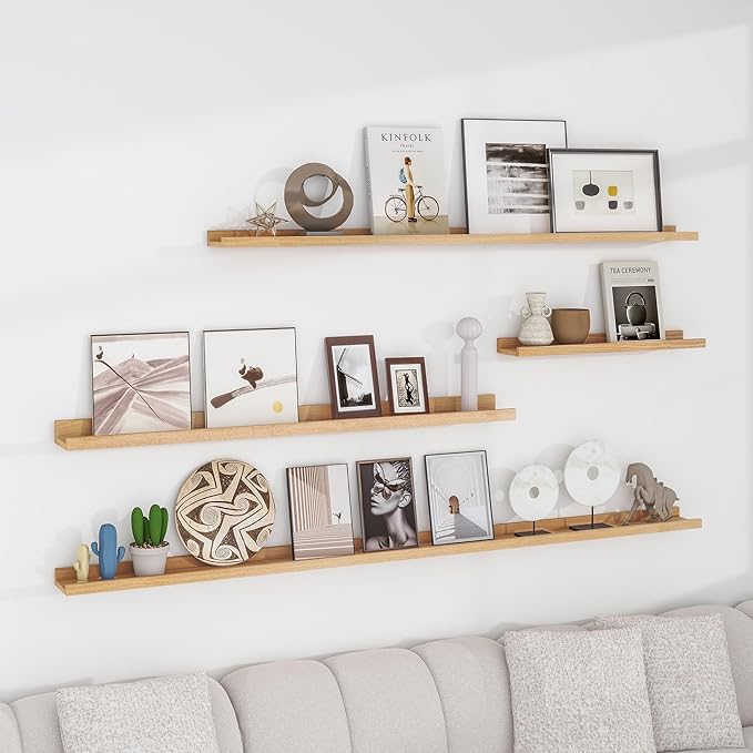 Solid Ash Wood Picture Ledge Shelf, Floating Shelves Set of 2, 56 Inch Long Large Ledge Shelves, Nursery Book Shelves Wall Mounted for Living Room Bedroom Kitchen Decor Kids Bookshelf, Natural