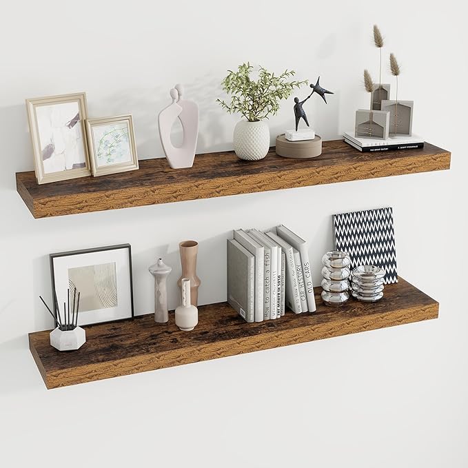 48 inch Floating Shelves for Wall Large Wall Mounted Shelves with Invisible Brackets, Brown Long Shelves for Bathroom, Living Room, Kitchen, Office, 48x9.1 inch deep Set of 2
