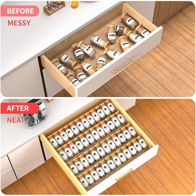 4-Tier Non-Slip Spice Drawer Organizer, 4-Pack Checkered Frosted Clear Acrylic, Expandable (11''-22'') Spice Rack for Kitchen Drawer Storage – Holds Seasonings, Herbs, and Spices (Jars Not Included)