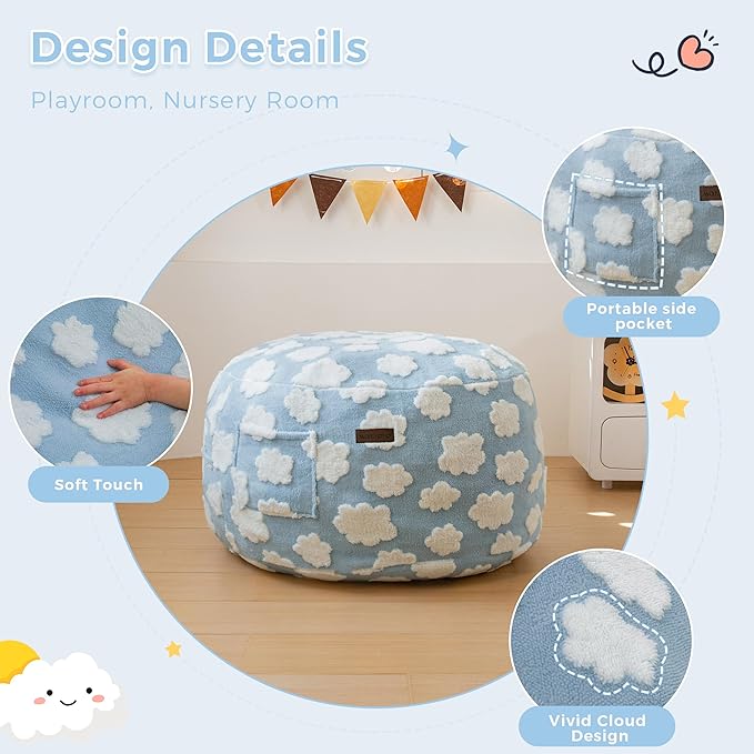 MAXYOYO Bean Bag Chair Bed for Kids, Convertible Bean Bag from Lazy Chair to Floor Bed, Fresh Cloud Design Cover, Stuffed Floor Sofa Couch for Boys and Girls, High-Density Foam Filling, Blue
