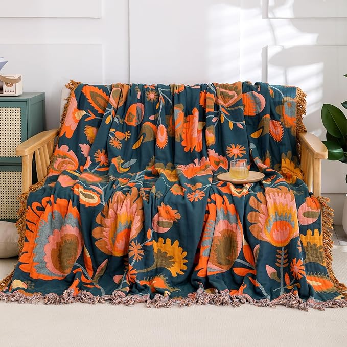 Snycler Boho Throw Blanket for Bed, 100% Organic Cotton Muslin Soft Throw-Orange Boho Floral Farmhouse Rustic Spring Summer Fall Decor Blanket for Couch Sofa Quilt and Gift, 60" x 80"