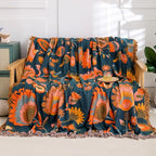 Snycler Boho Throw Blanket for Bed, 100% Organic Cotton Muslin Soft Throw-Orange Boho Floral Farmhouse Rustic Spring Summer Fall Decor Blanket for Couch Sofa Quilt and Gift, 80" x 90"