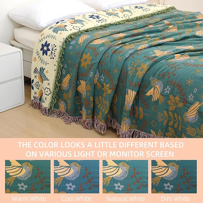 Boho Throw Blanket for Bed, 100% Pure Cotton Ultra Soft Rustic Quilt, Farmhouse Decor Bed Blankets, All Season Rustic Throw for Sofa Couch Chair(91''x 98'', Bird A)