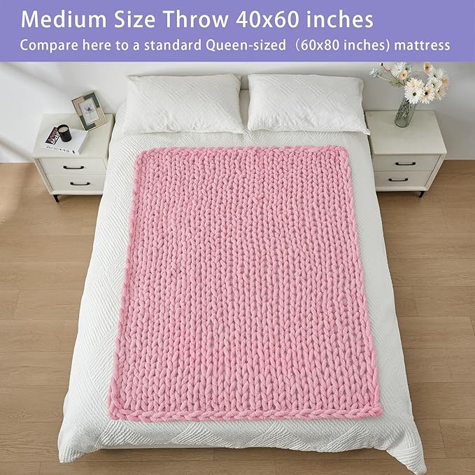 Bigacogo Chunky Knit Throw Blanket for Couch, 40x60 inches, 100% Hand Knitted with Thick Jumbo Chenille Yarn, Cozy Soft Large Rope Knot Cable Crochet Blankets for Sofa Bed Living Room, Blush Pink
