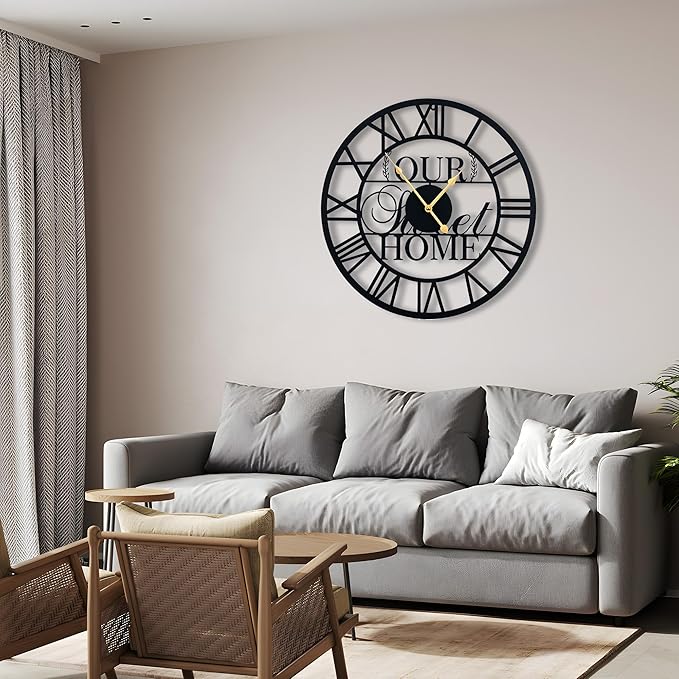 LBC.JzJu24inches/60cm Large Wall Clocks Battery Powered No Ticking Silent Round Black Modern Unique Metal Wall Clocks Suitable Living Room Kitchen Bedroom Fireplace Office Farmhouse。