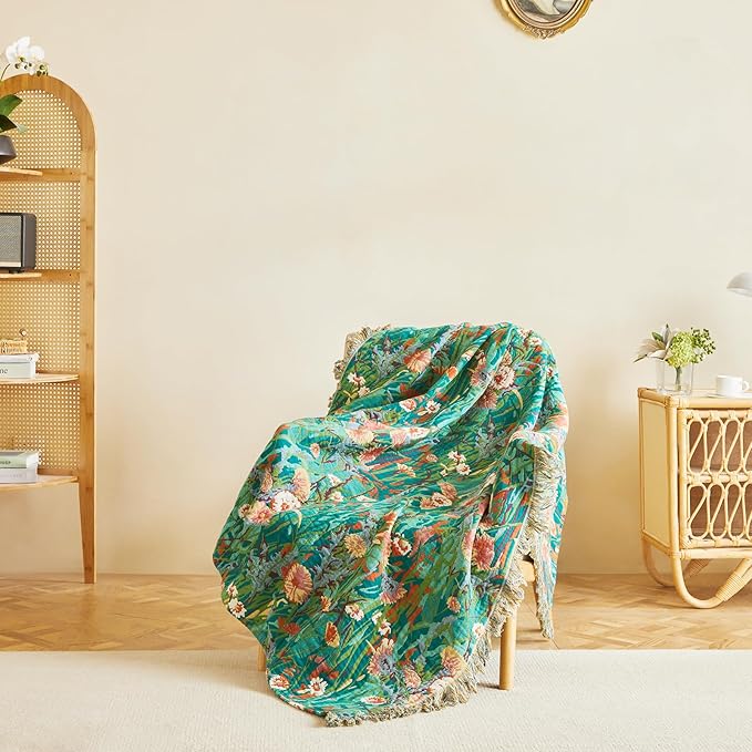 MSGKV Boho Throw Blanket for Couch Bed Chair 100% Cotton Muslin Breathable Floral Blanket 50"x60" Sofa Blankets for All Seasons Lightweight Farmhouse Blankets Boho Home Decor
