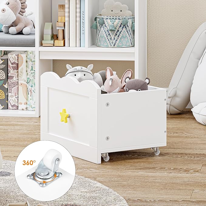 Kids Bookshelf with Reading Nook, Kids Bookcase with Soft Cushion Seat, 2 Wheels Drawers and 8 Storage Cubbies, Toy Storage Organizer for Kid's Room Playroom, Bedroom, School, White