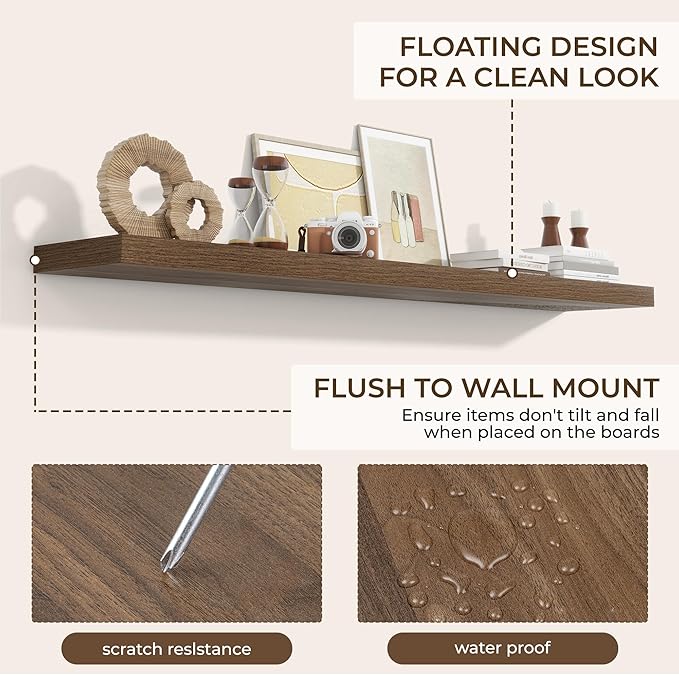 RICHFOCUS 72Inch Floating Shelves for Wall 2 Pack Shelves for Bedroom|Kitchen|Bathroom Wall Mounted Rustic Wood Floating Shelf with Invisible Brackets for Books|Storage|Decor, Walnut