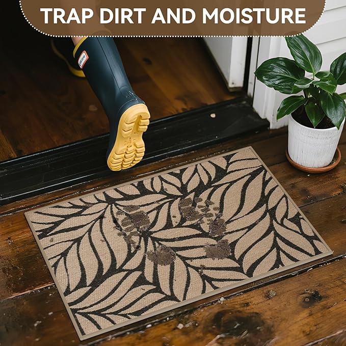 Front Door Mat Indoor Outdoor Entrance, 24''x35'' All-Season Waterproof Welcome Mat, Heavy Duty Non-Slip Rubber Backing, Patio Porch Doormat, Low Profile, Trap Dirt and Moisture, Brown