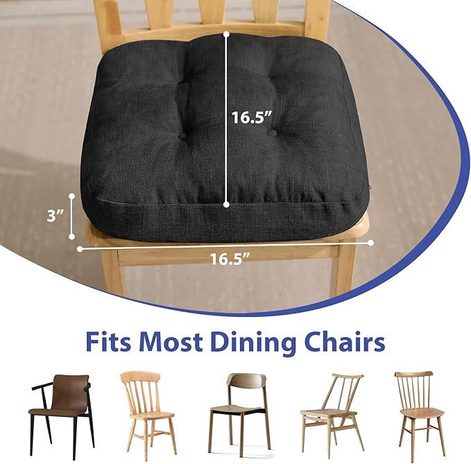 Chair Cushions for Dining Chairs, Dining Chair Cushions, Tufted Indoor Chair Pads with Ties & Non Slip Backing, Seat Cushions for Kitchen Chairs 16.5” x 16.5” x 3.5”, Set of 6, Black