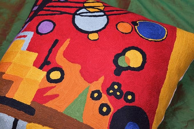 Kandinsky Contemporary Throw Pillow Cover - Heavy Red Space Modern Cushion | Abstract Throw Pillows | Contemporary Pillow | Abstract Chair Cushions | Hand Embroidered Cushion | Wool Size 18x18
