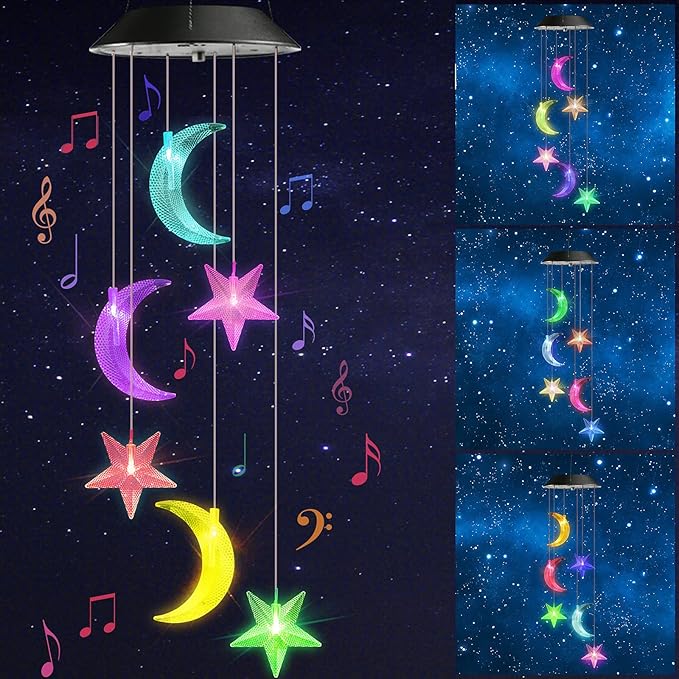 Toodour Solar Wind Chimes, Color Changing Wind Chimes Moon and Star, LED Decorative Mobile, Gift for Mom Grandma, Waterproof Outdoor Moon Star Light for Garden, Patio, Yard, Window Outdoor Decor
