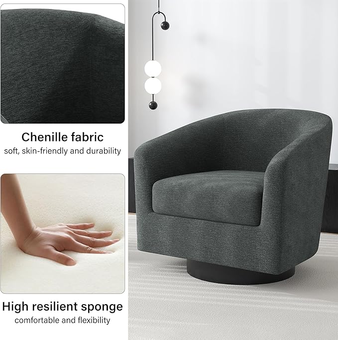 Swivel Barrel Accent Chair, Modern Round Chenille Fabric Arm Chair for Living Room, Bedroom, Comfy Club Reading Chairs for Adults（Chenille Fabric, Grey, Set of 1