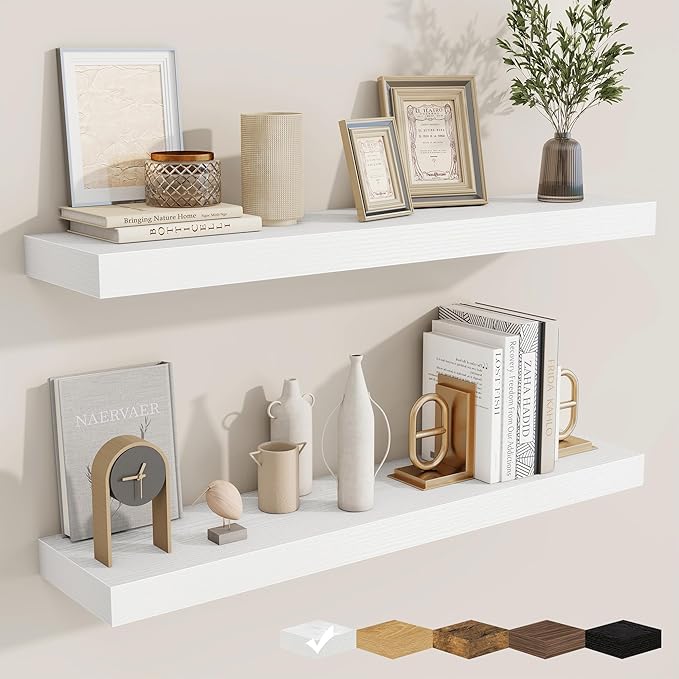 fuqing Floating Shelves for Wall, Bathroom Shelf Wall Mounted for Storage, Shelves with Invisible Bracket for Bedroom, Kitchen, Living Room, Farmhouse Small Book Shelf, 36 Inch Set of 2, White