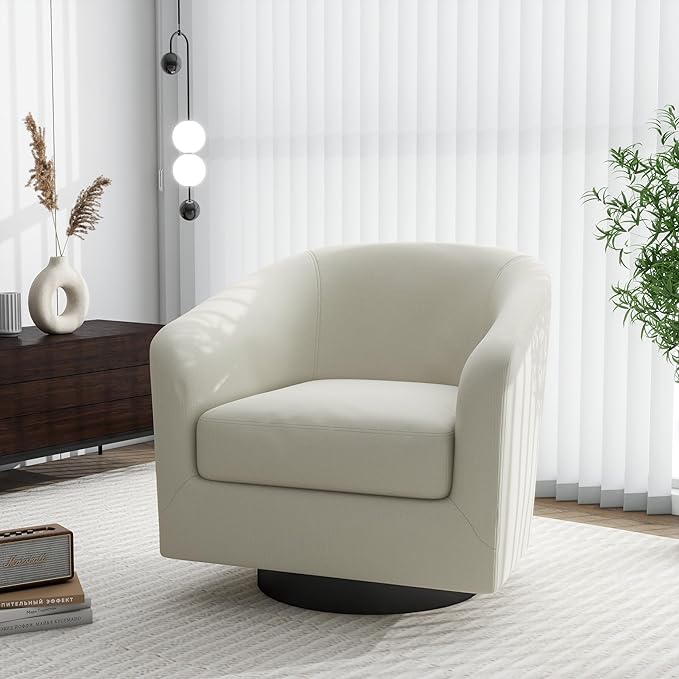 Swivel Barrel Accent Chair, Modern Round Linen Arm Chair for Living Room, Bedroom, Comfy Club Reading Chairs for Adults（Linen Fabric, Beige, Set of 2