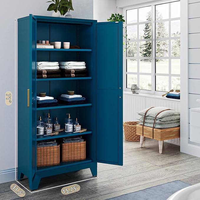 71'' Farmhouse Metal Storage Cabinet with Barn Doors,Steel File Cabinet for Home Office,Kitchen Pantry 4 Adjustable Shelves,Freestanding Cupboard for Kitchen,Home Office (Peacock Blue)