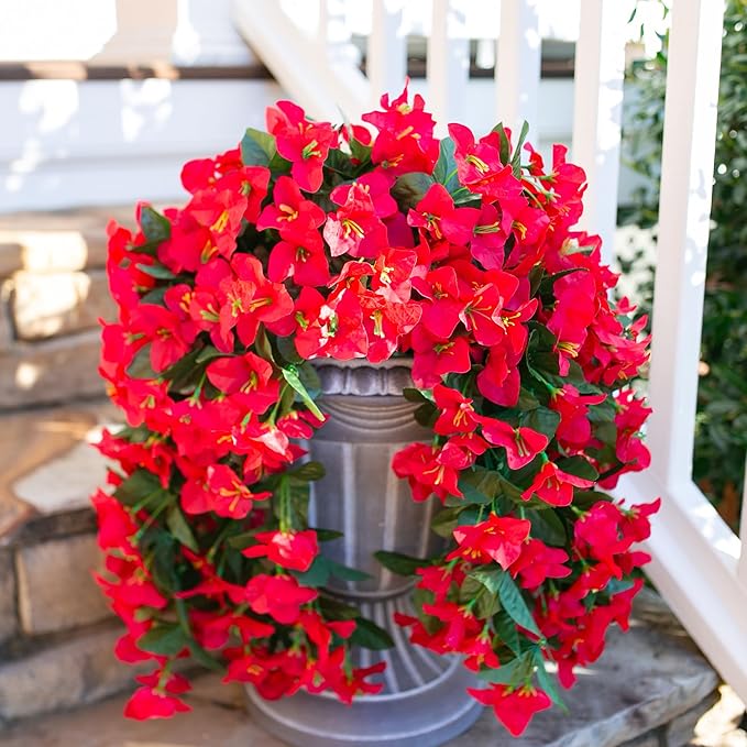 Faux Bougainvillea Artificial Flowers Plants for Outdoor Outside Decoration, 2 PCS Red Fake Flowers UV Resistant Look Real Silk Long Trailing Vines for Front Door Porch Planter Urn Patio Garden Yard