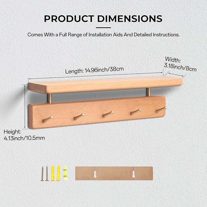 Shelf with Hooks, Solid Wood Bedroom Shelves for Wall, Wooden Coat Rack Wall Mount for Bathroom, Kitchen, Door Entryway (Beech, 38cm/14.96inch)