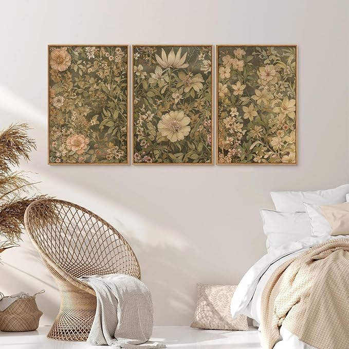 SIGNINART Vintage Floral Framed Canvas Wall Art Set of 3, Mid Century Modern Wildflower Wall Decor, Neutral Botanical Artwork, Retro Plant Art Prints for Bedroom, Living Room, Office 16"x24"