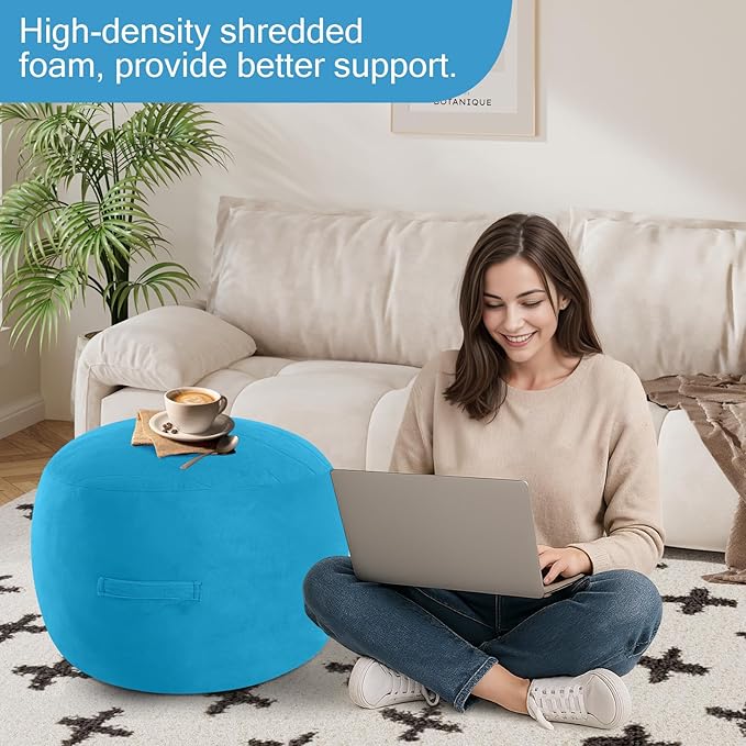 MeMoreCool Round Stuffed Pouf Ottoman Foot Rest, Floor Pouf Foot Stool with Soft Foam Chunk Filling, Small Round Ottoman Footstool Circle Footrest for Living Room, Blue