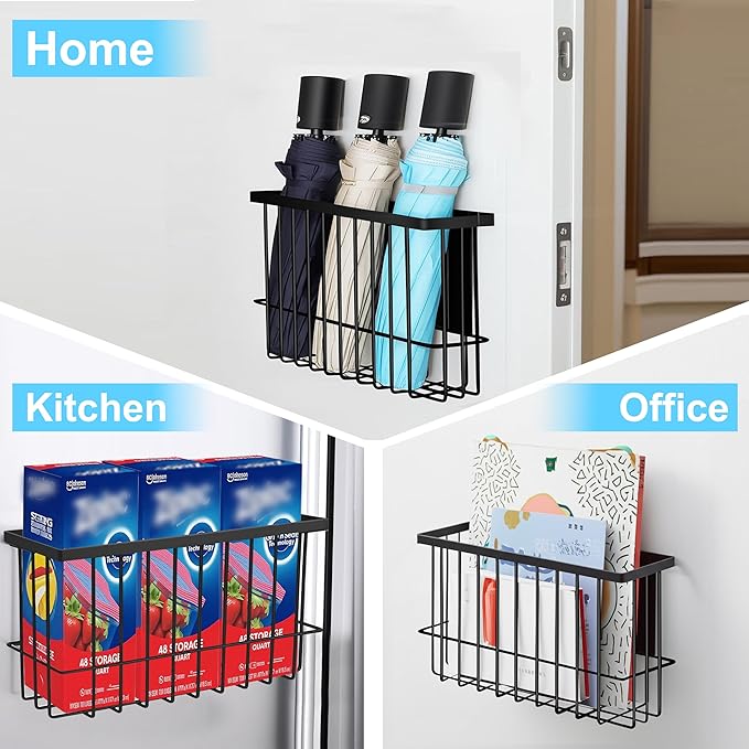 Magnetic Basket for Fridge, Magnetic Basket, Foil and Plastic Wrap Organizer with 4 Caddy Adhesive Stickers, Cabinet Storage Basket for Kitchen Wrap Food Bag Storage, Black, 2 Pack