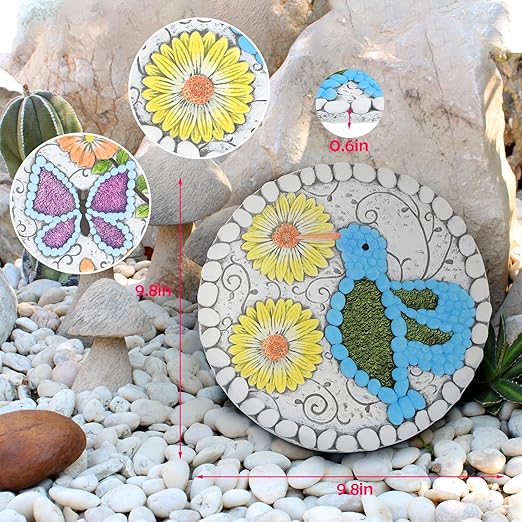 Garden Stepping Stones Set of 2 Butterfly Outdoor Garden Decor 10 inch Round Decorative Stones Pavers for Garden Walkway Landscaping, Hummingbird Gifts (N6-YYD334)