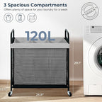 STO STO Laundry Hamper 3 Section, 120L Rolling Laundry Sorter Cart with Removable and Washable Liner Bag, Rolling Clothes Hamper with Metal Handle for Laundry Room and Bedroom, Gray
