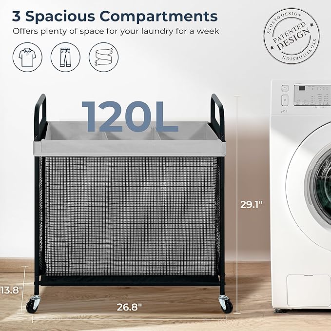 STO STO Laundry Hamper 3 Section, 120L Rolling Laundry Sorter Cart with Removable and Washable Liner Bag, Rolling Clothes Hamper with Metal Handle for Laundry Room and Bedroom, Gray