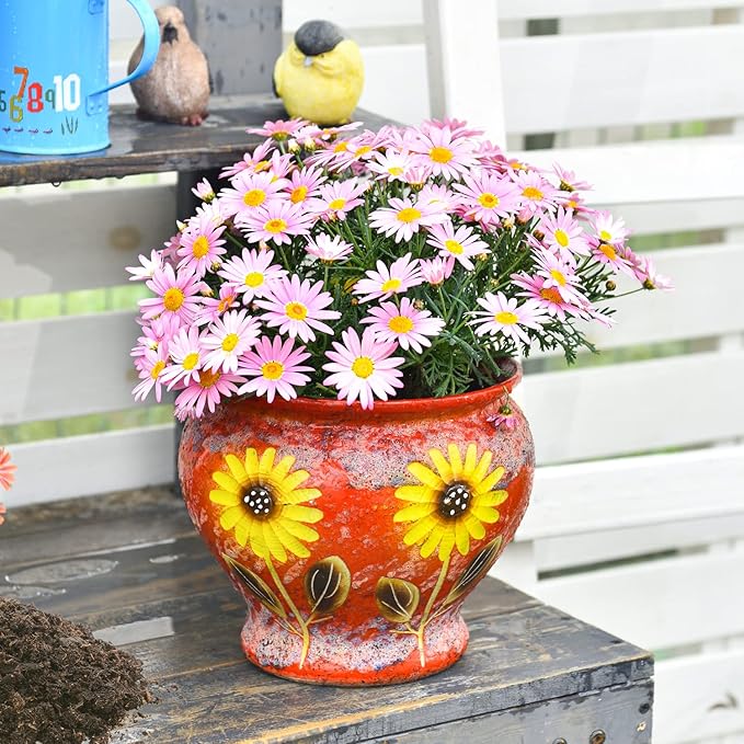 Sungmor Ceramic Hand Painted Succulent Flower Pots, 9 Inch Large Pottery Pots for Indoor Outdoor Plants, Decorative Ceramic Vase for Flower Arrangement Home Decor, Vintage Centerpieces Flowerpot