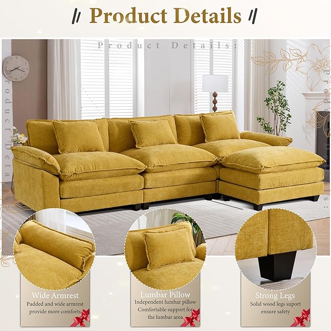 URRED Modular Sectional Sofa Comfy Cloud Couch, Modern Chenille Sofa Sleeper Deep Seat Couches with Ottoman/Pillows for Living Room (Yellow, 117''- L Shape)