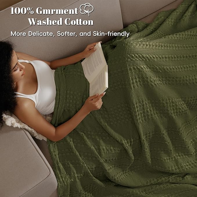 PHF 100% Cotton Waffle Weave Blanket King Size, Soft Lightweight Breathable Cozy Summer Blankets for Bed, Luxury Aesthetic Woven Bedding for Home Decor, 108"x90", Capulet Olive