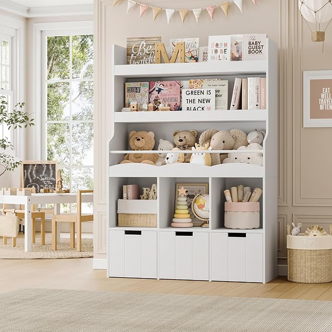 HITHOS 55.3" H Kids Bookshelf with Toy Storage Organizer, Tall Book Shelf with 3 Movable Toy Storage Bins, Large Kids Bookcase with Toy Chest, 39.2" W Modern Toy Box for Kid Room, Playroom, White