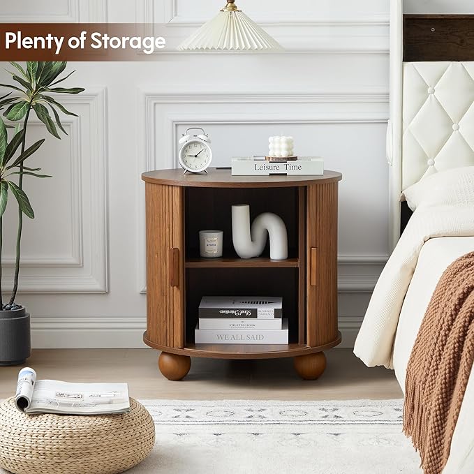 Farmhouse Round End Table with Charging Station, 24" Large Fluted Sofa Side Table with Sliding Tambour Door & Storage, Mid-Century Wood Nightstand for Living Room, Bedroom (Walnut)
