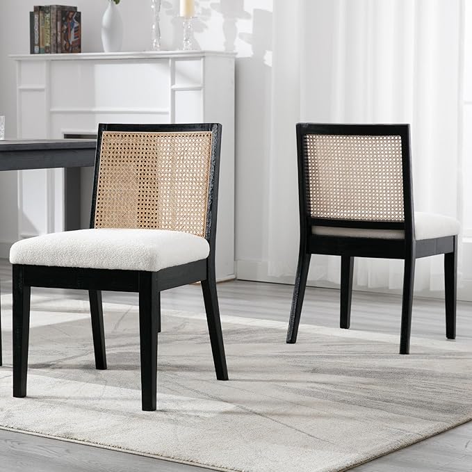VESCASA Upholstered Dining Chairs with Square Rattan Back, Armless Padded Sherpa Fleece Cushion Dining Chairs with Wood Legs for Dining Room, Kitchen, Set of 2, Black Frame