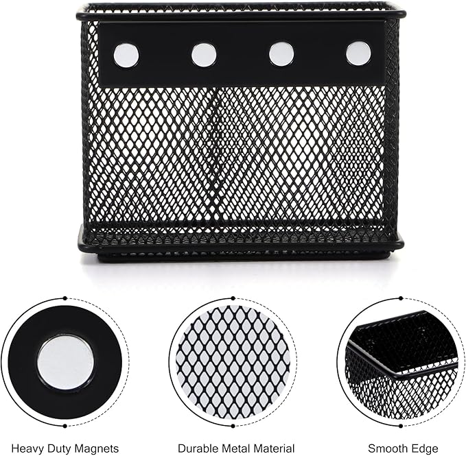 4.5'' × 2.2'' × 3.5'' Magnetic Basket for Whiteboard Black Magnetic Basket for Fridge Magnetic Organizer Holder with 4 Strong Magnets Magnetic Holder for Refrigerator Locker, Set of 2