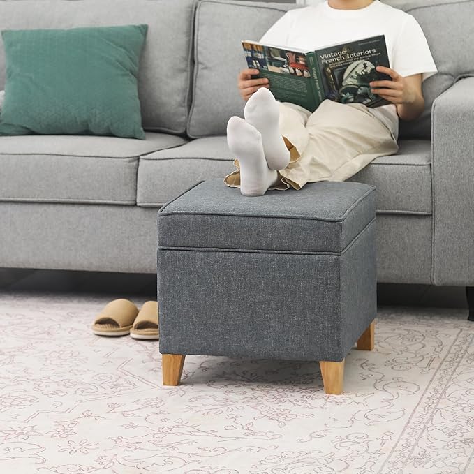 Adeco 17.5" Square Fabric Ottoman with Storage, Upholstered Cotton Linen Foot Rest, Flip Top Footstool, Small Cube Coffee Table Extra Seat for Living Room, Bedroom, Grey with Burlywood Legs
