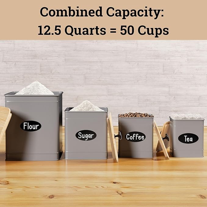 Kitchen Canisters for Countertop Set of 4 with Customizable Chalkboard Labels & Marker Pen - Big Iron Kitchen Canisters with Airtight Lids - Gray Canister Set - Flour and Sugar Containers Farmhouse