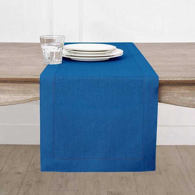 Solino Home Linen Table Runner 108 Inches Long - 100% Pure Linen Indigo Blue Table Runner 14 x 108 Inch for Fall, Autumn - Classic Hemstitch