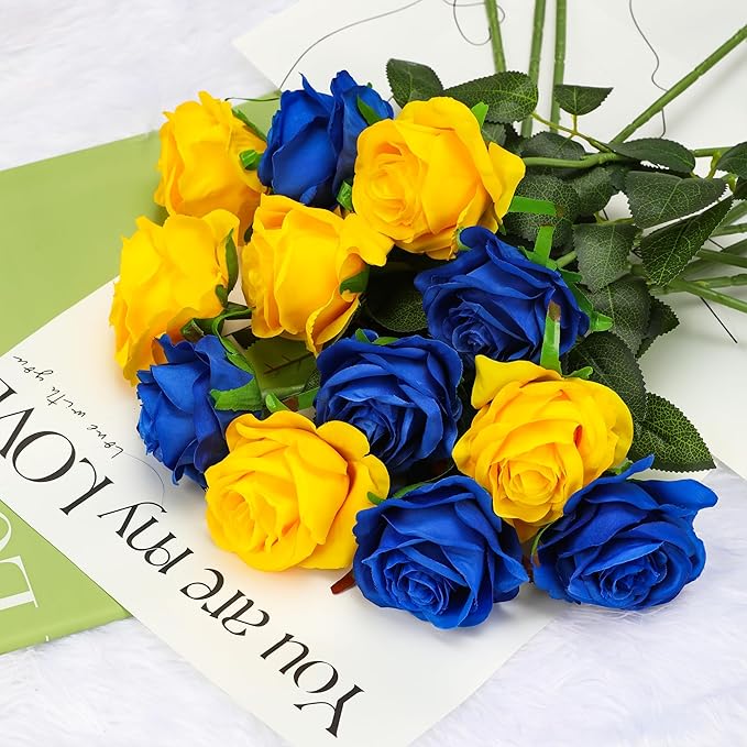 Blue Fake Roses Artificial Flowers - 16 Pcs Fake Artificial Roses Silk Flowers with Stems for Home Wedding Hotel Office Centerpiece Decor