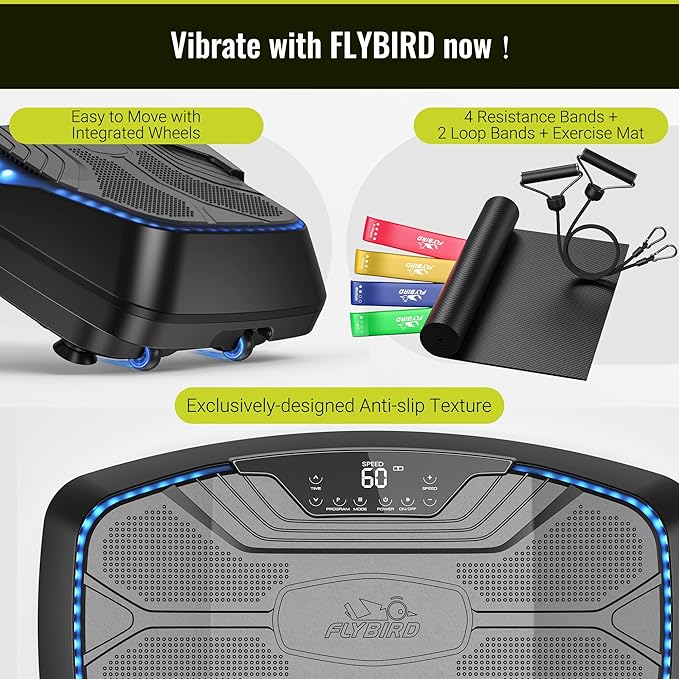 FLYBIRD 4D Vibration Plate 500 LBS Capacity, Oscillation, Linear, Pulsation Vibration Plate Exercise Machine, Triple Motors Vibration Plate for Bone Density Building & Lymphatic Drainage